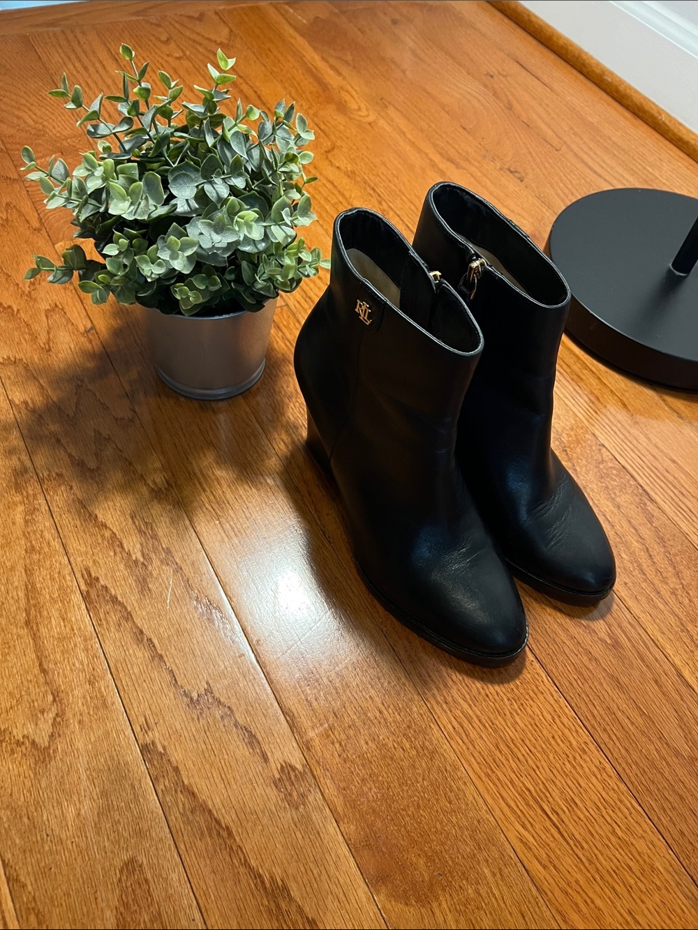 Ralph Lauren Black Leather Ankle Booties with Gold Logo Accent